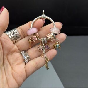 Authentic pandora O pendant with 10 charms rosegold and silver pink theme